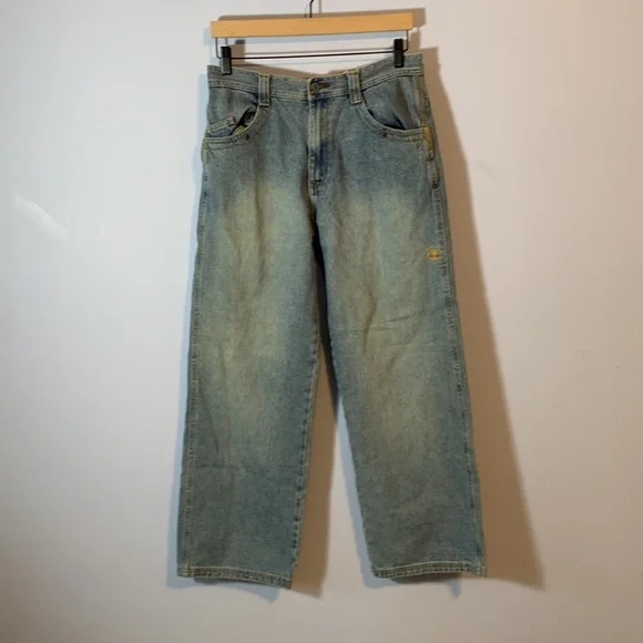 Timberland medium wash vintage Y2k wide leg jeans embroidered tight logo boys 18 - Picture 1 of 10